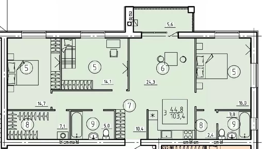 3-к кв. брянская область, брянск ул. некрасова, 20 (103.4 м) - Фото 1