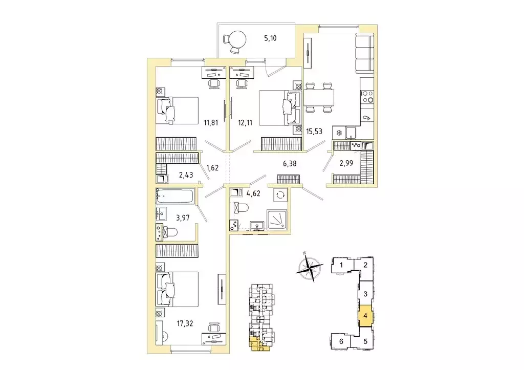 3-комнатная квартира: Гатчина, микрорайон Въезд (81.33 м) - Фото 1