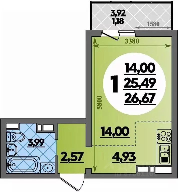 Студия Адыгея, Майкоп ул. Владимира Жоги, 4 (26.67 м) - Фото 1
