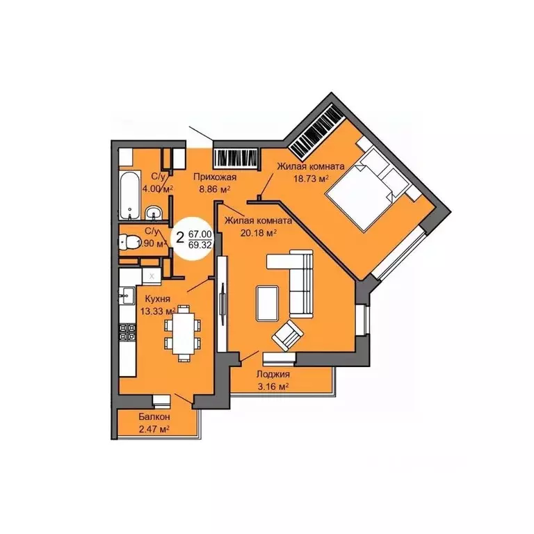 2-к кв. Орловская область, Орел Межквартальная ул., 3 (69.3 м) - Фото 0