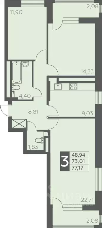 3-к кв. Башкортостан, Уфа ул. Орджоникидзе, 34 (77.17 м) - Фото 1