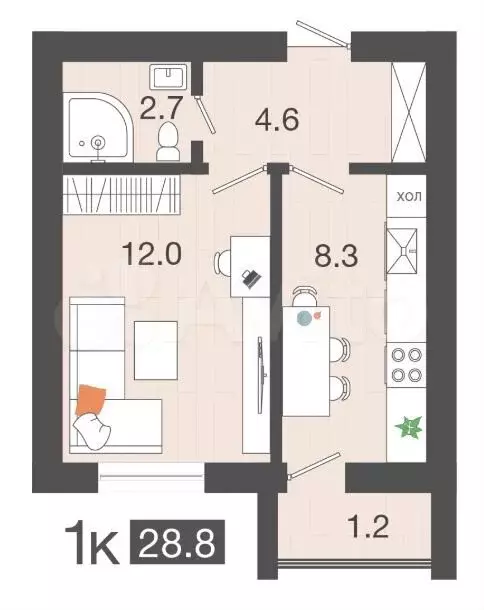 1-к. квартира, 28,8 м, 2/4 эт. - Фото 1