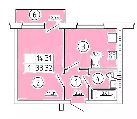 1-к. квартира, 33,3м, 4/4эт. - Фото 1