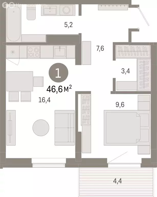 1-комнатная квартира: Омск, Кировский округ (46.55 м) - Фото 1