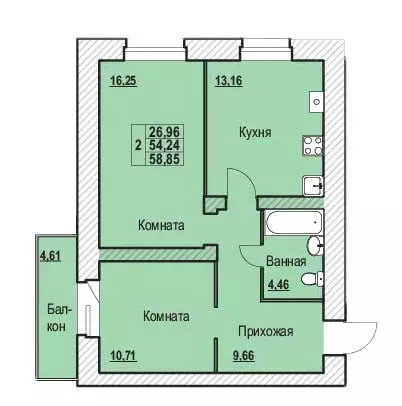 Продаётся 2-к квартира, 58.85 м - Фото 0