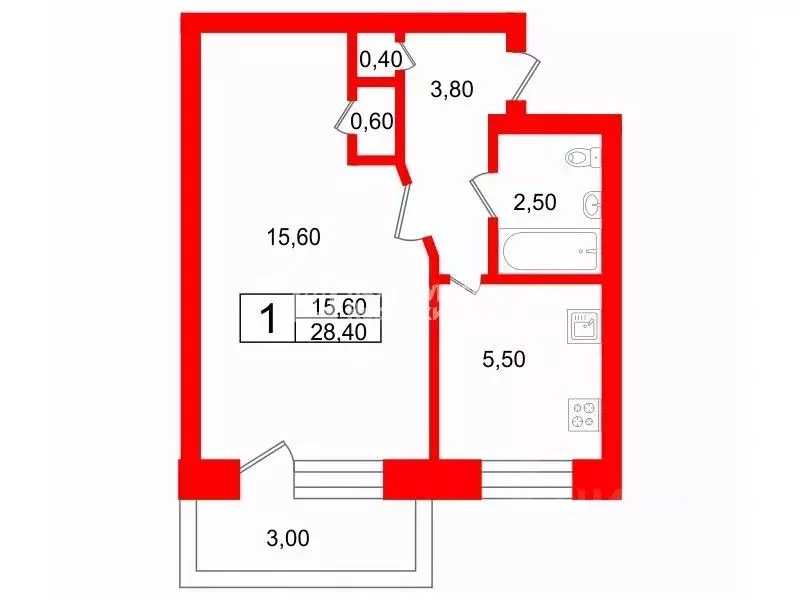 1-к кв. Санкт-Петербург просп. Космонавтов, 27К5 (28.4 м) - Фото 2