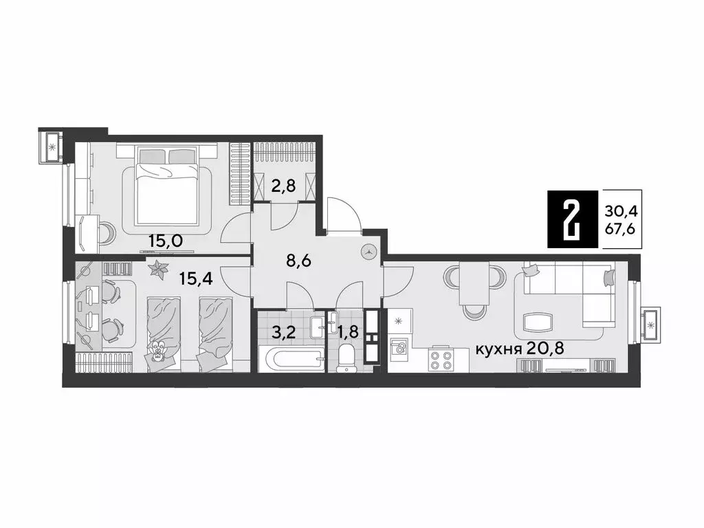 2-комнатная квартира: Краснодар, улица имени Героя Дангириева (67.6 м) - Фото 1