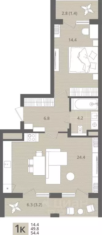 1-к кв. Калининградская область, Пионерский пос. Рыбное,  (54.4 м) - Фото 1