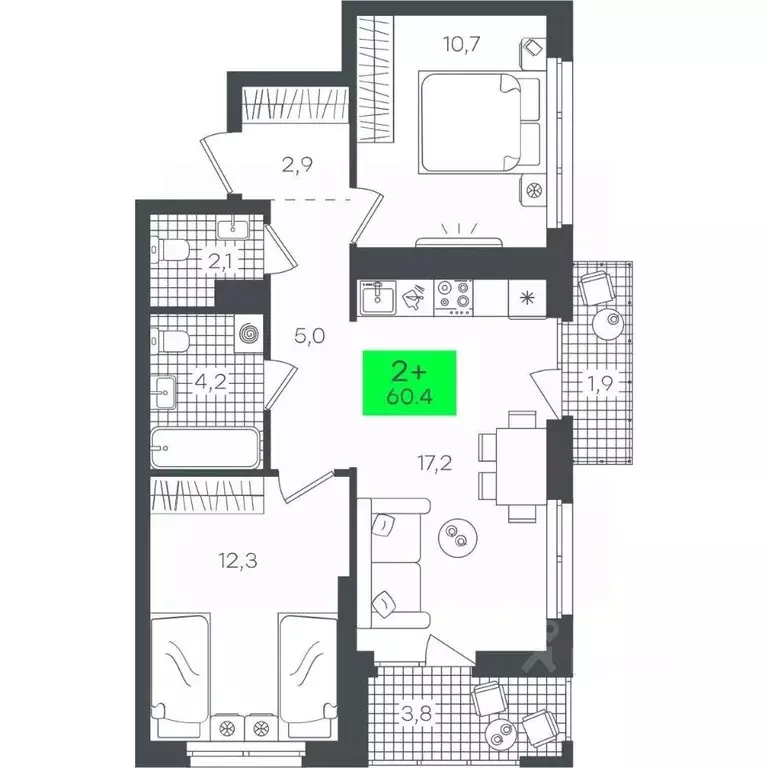 2-к кв. Тюменская область, Тюмень ул. Василия Малкова, 15 (60.41 м) - Фото 0