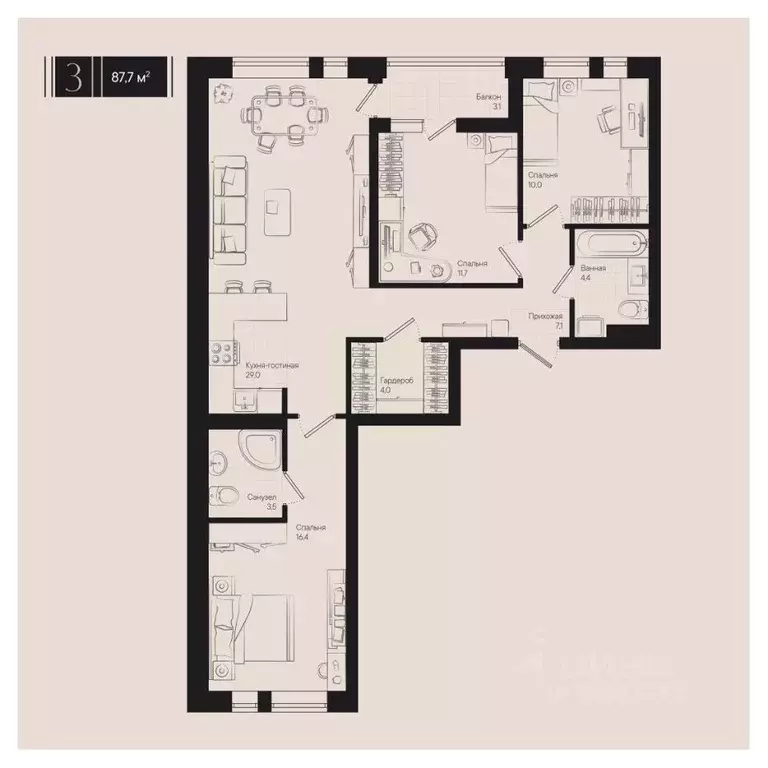 3-к кв. Краснодарский край, Краснодар ул. Им. Мурата Ахеджака, 20 ... - Фото 0