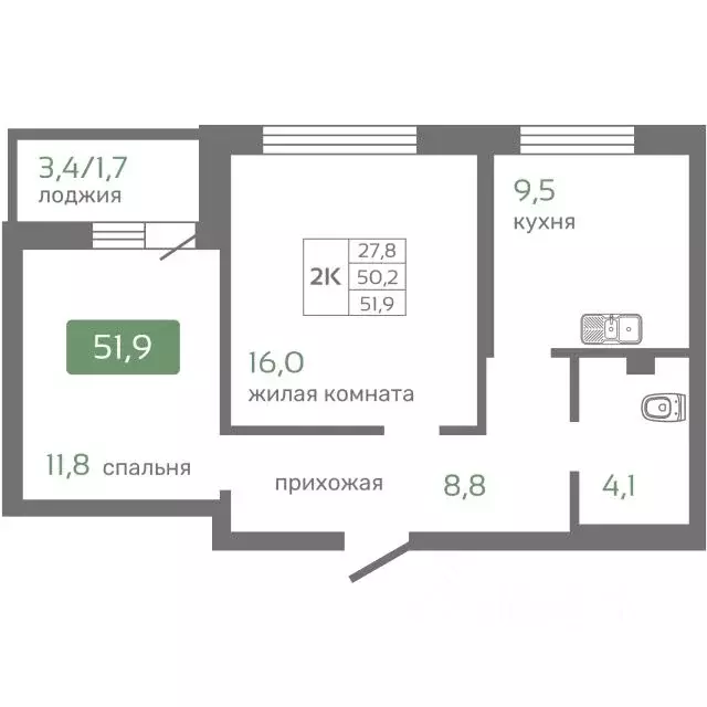 2-к кв. Красноярский край, Красноярск Норильская ул., с2 (51.9 м) - Фото 0