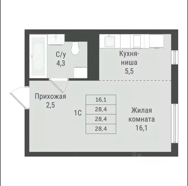 Студия Московская область, Мытищи Отрадный жилой комплекс, к5 (28.4 м) - Фото 1