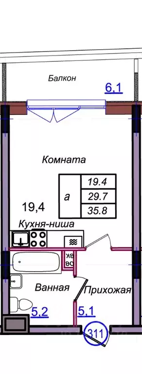 Студия Калининградская область, Светлогорск Балтийская ул. (35.8 м) - Фото 1