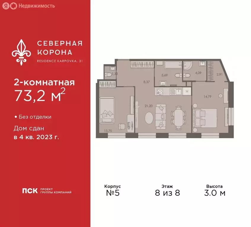 2-комнатная квартира: Санкт-Петербург, набережная реки Карповки, 31к1 ... - Фото 1