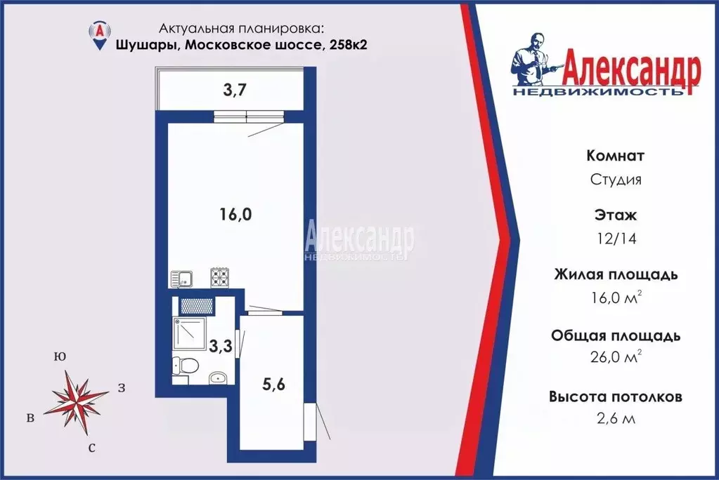 Студия Санкт-Петербург пос. Шушары, Московское ш., 258к2 (27.1 м) - Фото 0