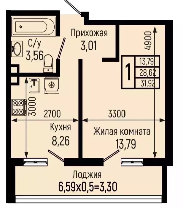 1-комнатная квартира: село Небуг, Центральная улица, 12А/1 (31.92 м) - Фото 1