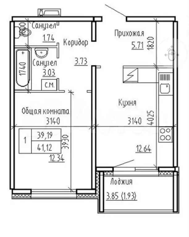 1-к. квартира, 39,2 м, 1/8 эт. - Фото 0