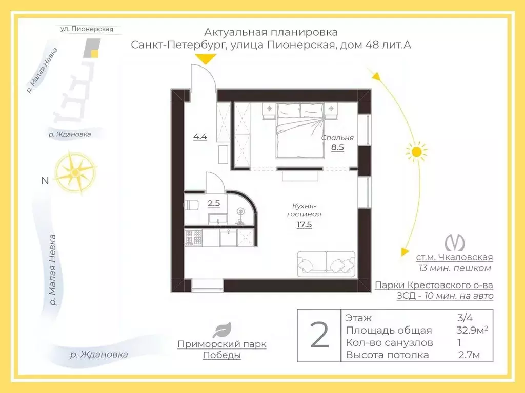 2-к кв. Санкт-Петербург Пионерская ул., 48 (32.9 м) - Фото 1