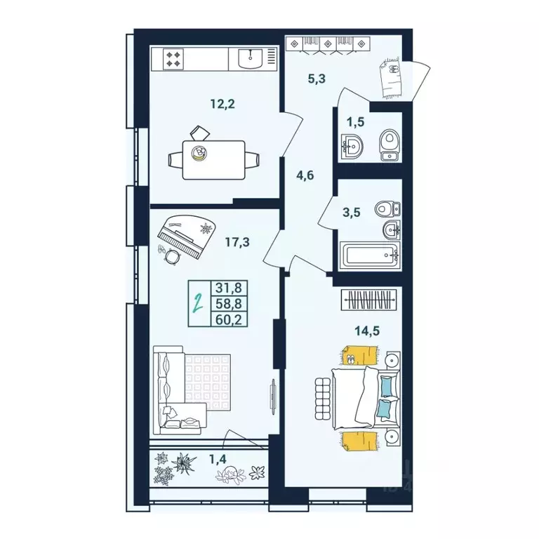 2-к кв. Башкортостан, Уфа ул. Пархоменко, 156Г (60.6 м) - Фото 0