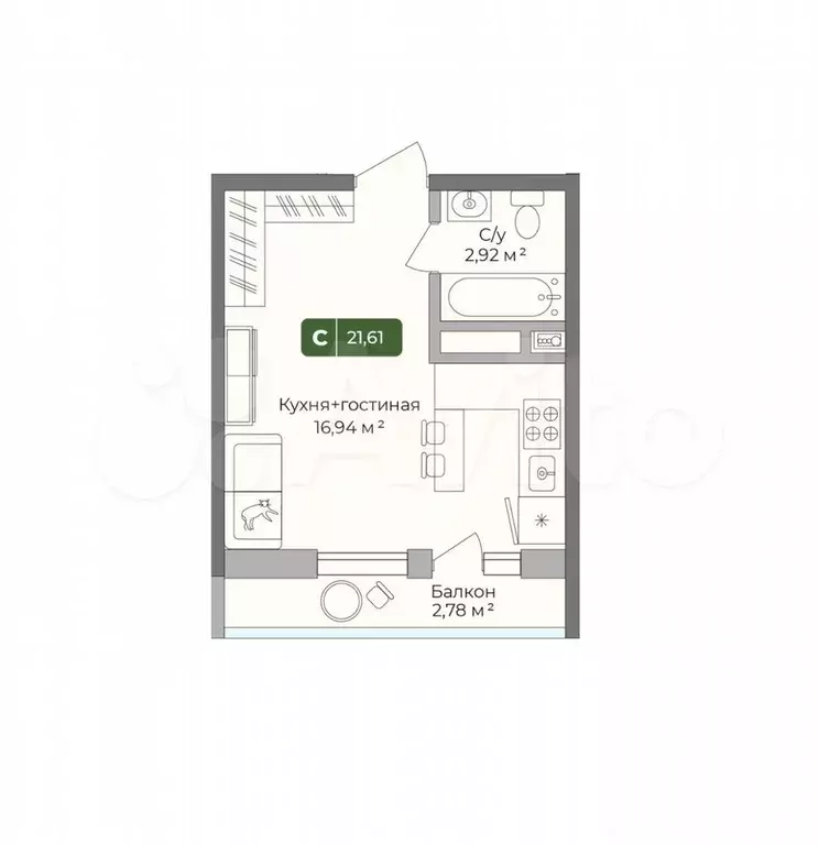 Квартира-студия, 21,6 м, 5/10 эт. - Фото 0