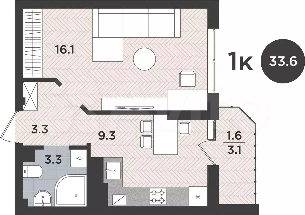 1-к. квартира, 33,6 м, 3/9 эт. - Фото 0