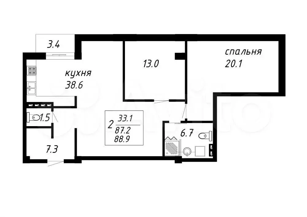 2-к. квартира, 88,9 м, 3/8 эт. - Фото 0