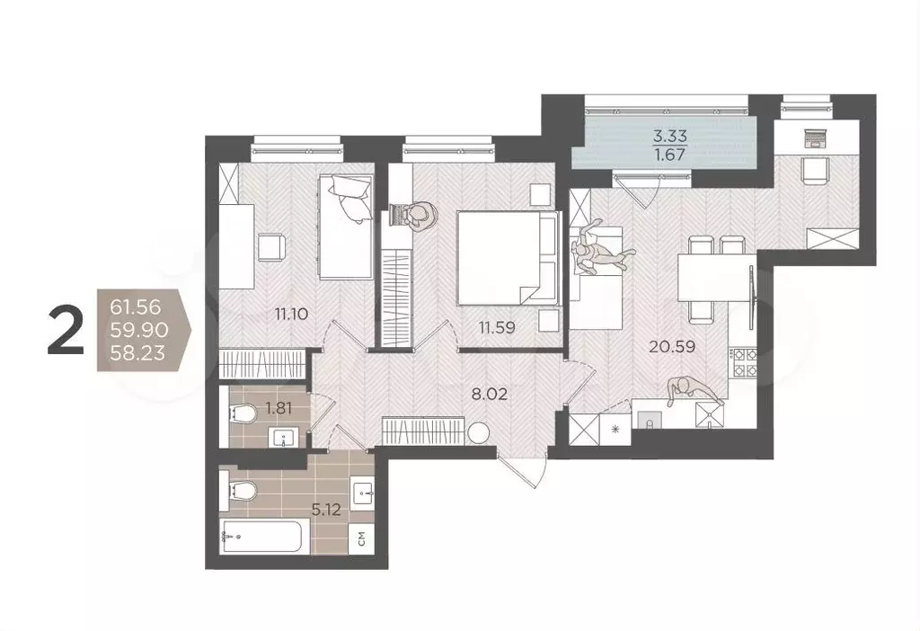 2-к. квартира, 59,9 м, 9/9 эт. - Фото 1