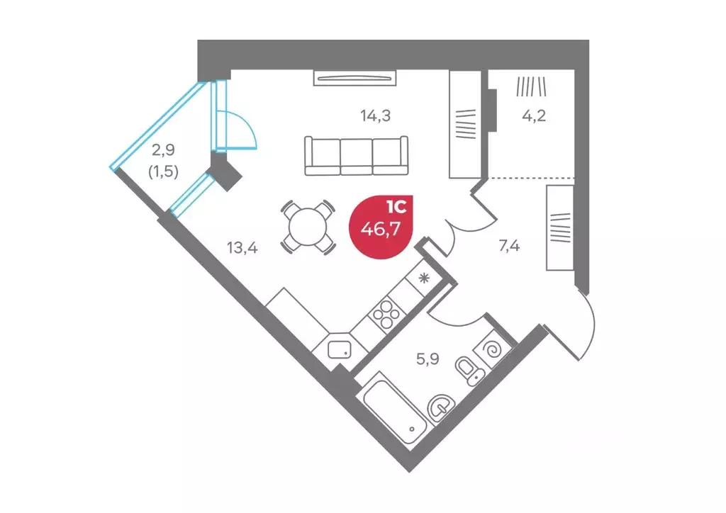 Студия Пермский край, Пермь Советская ул., 16 (46.7 м) - Фото 1