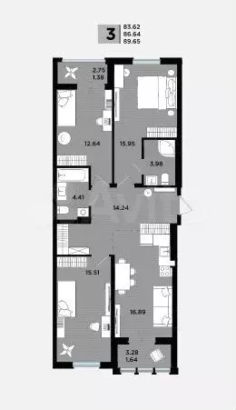 3-к. квартира, 89,7 м, 1/5 эт. - Фото 1