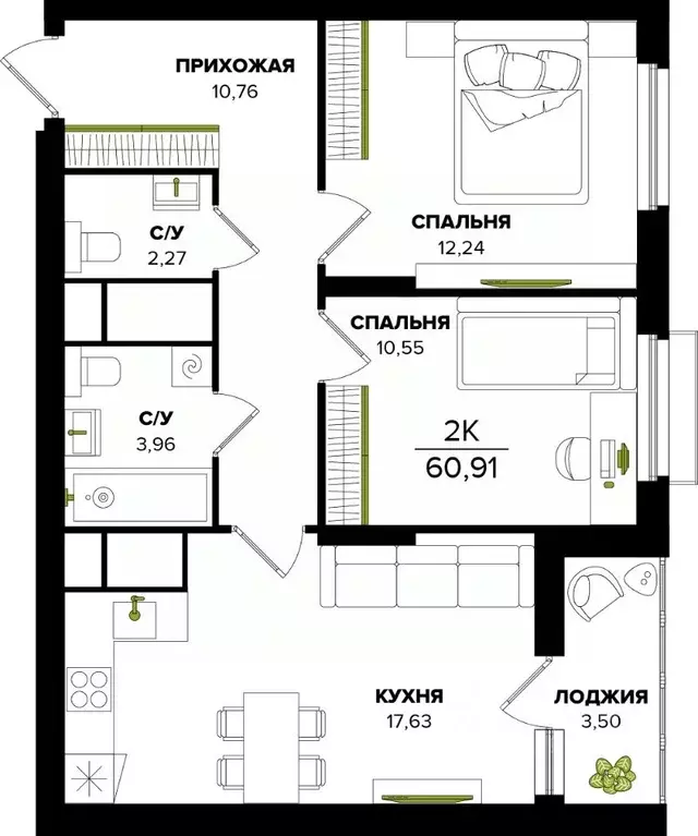 2-к кв. Тульская область, Тула  (60.91 м) - Фото 0