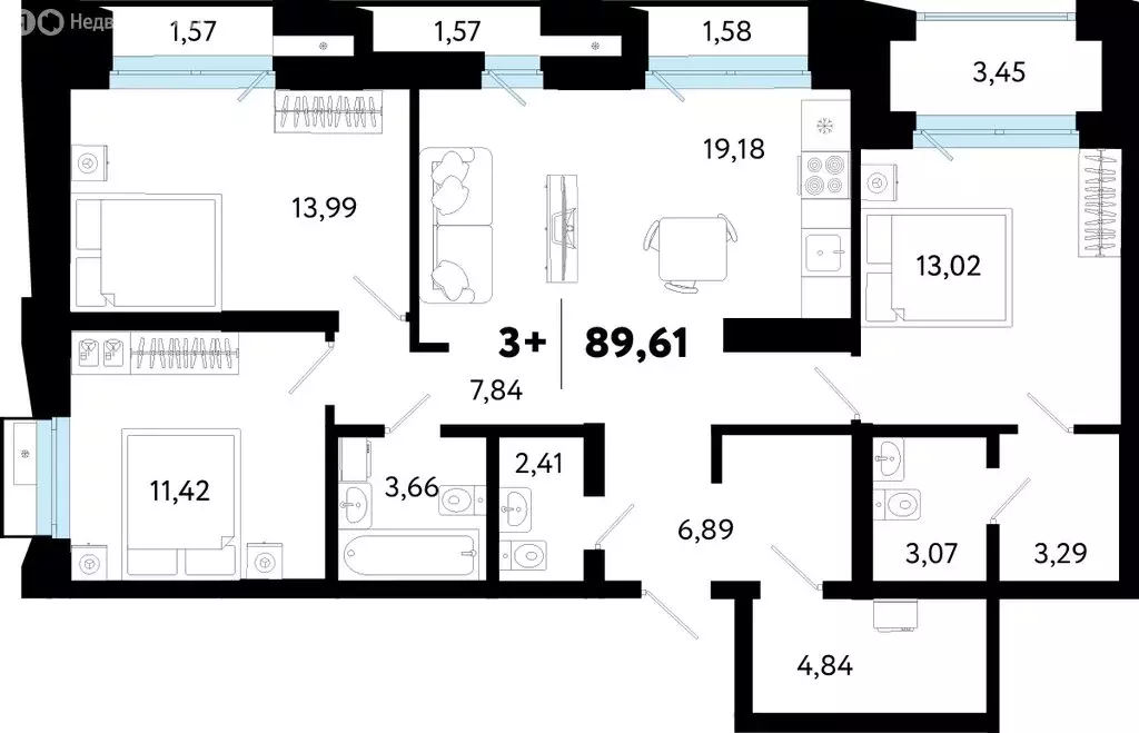 3-комнатная квартира: Тюмень, улица Судостроителей, 48 (89.61 м) - Фото 1