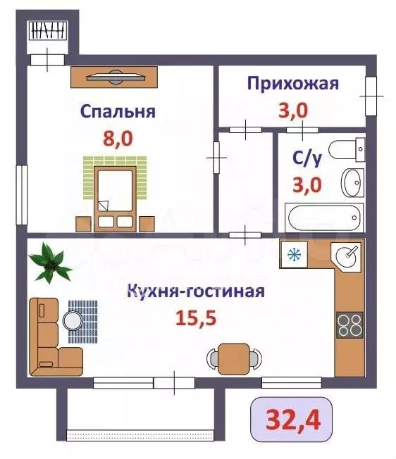 2-к. квартира, 32,4 м, 2/4 эт. - Фото 0