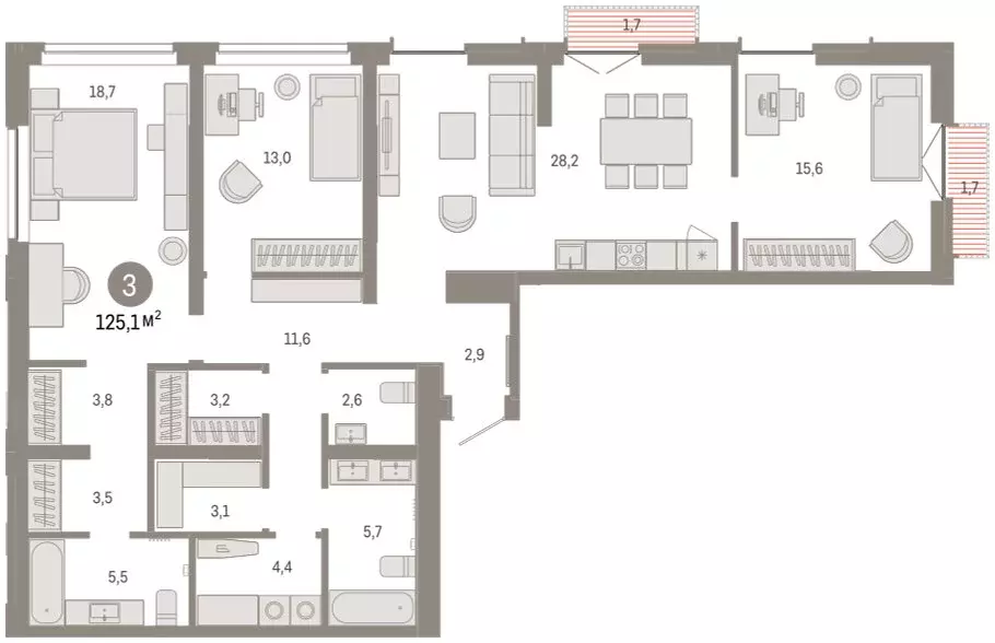 3-комнатная квартира: Тюмень, улица Республики, 205к2 (124.6 м) - Фото 2