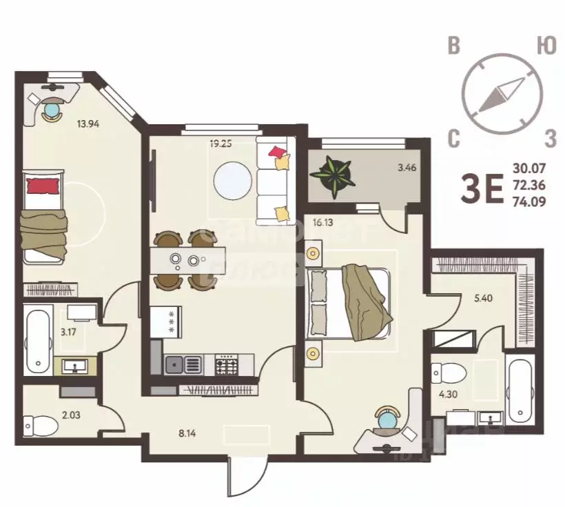 2-к кв. Липецкая область, Липецк ул. Механизаторов, 15Авл1 (74.09 м) - Фото 2