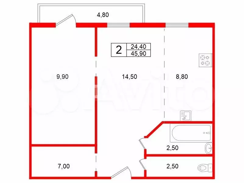 2-к. квартира, 45,9 м, 6/9 эт. - Фото 0