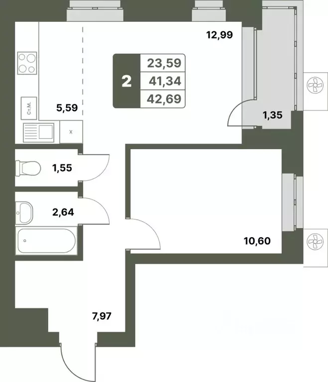 2-к кв. Башкортостан, Уфимский район, с. Миловка  (42.69 м) - Фото 1