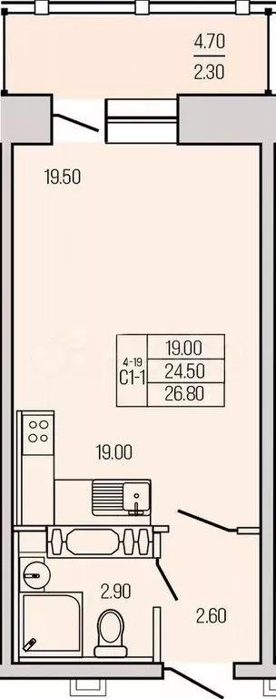 Квартира-студия, 27,7 м, 8/21 эт. - Фото 1