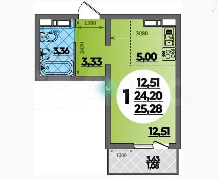 Квартира-студия, 25,3 м, 11/18 эт. - Фото 1