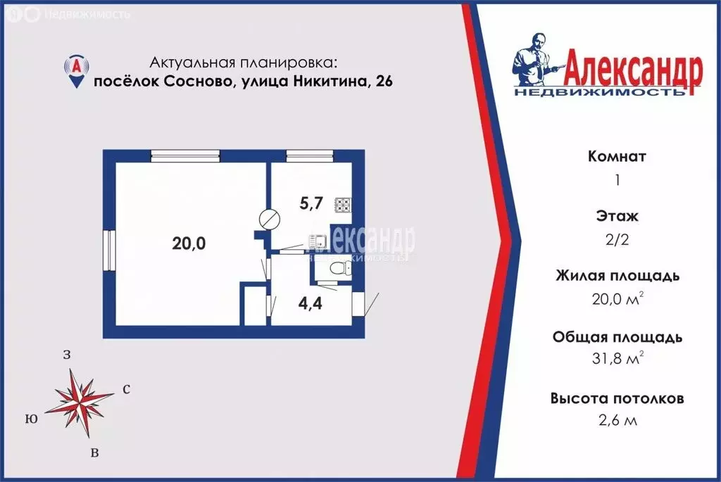 1-комнатная квартира: посёлок Сосново, улица Никитина, 26 (31.8 м) - Фото 0