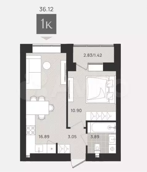 1-к. квартира, 36,1 м, 1/9 эт. - Фото 0