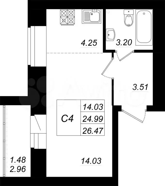 Квартира-студия, 26,5м, 6/10эт. - Фото 0