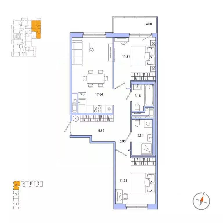 2-к кв. Санкт-Петербург Окла жилой комплекс (61.1 м) - Фото 0