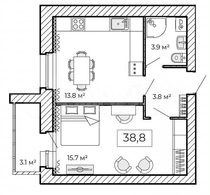 1-к. квартира, 38,8 м, 4/9 эт. - Фото 0