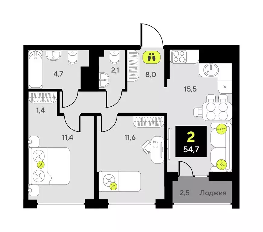 2-комнатная квартира: Тюмень, улица Пожарных и Спасателей, 16 (54.7 м) - Фото 1