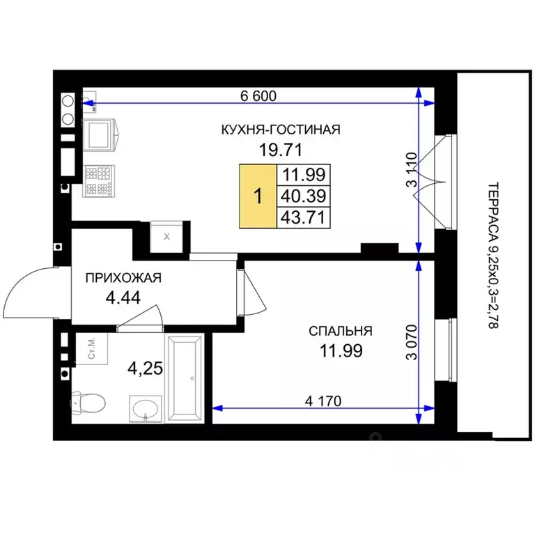 1-к кв. Калининградская область, Гурьевск Включи жилой комплекс (43.17 ... - Фото 1