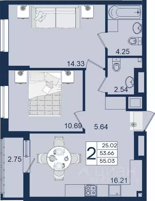 2-к кв. Краснодарский край, Краснодар  (55.03 м) - Фото 1