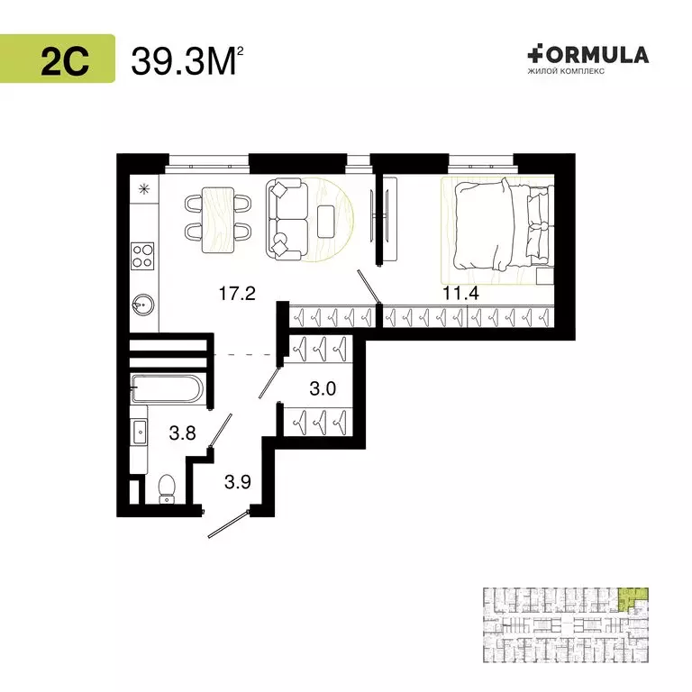 1-комнатная квартира: Уфа, ЖК Формула (39.3 м) - Фото 1