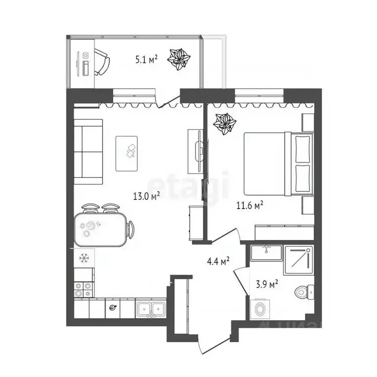 1-к кв. Тюменская область, Тюмень Профсоюзная ул., 53 (39.9 м) - Фото 1