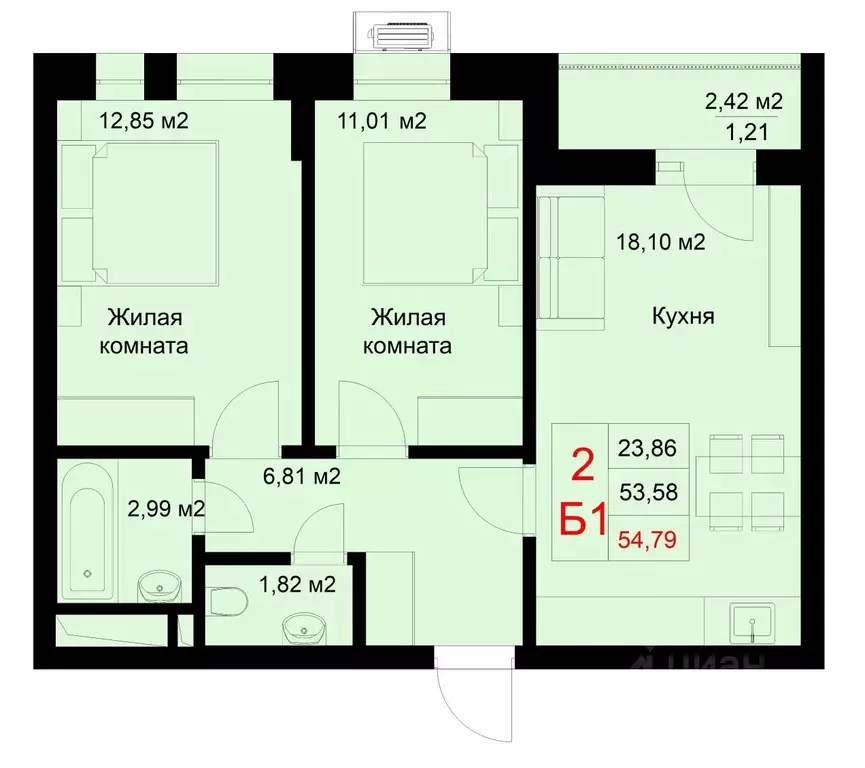 2-к кв. Татарстан, Казань ул. Рауиса Гареева, 78Б (54.79 м) - Фото 0