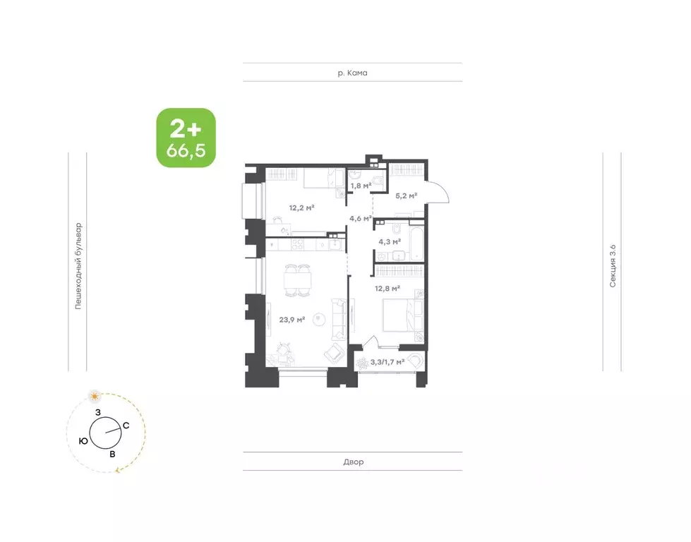2-к кв. Татарстан, Набережные Челны Премьер-квартал жилой комплекс ... - Фото 1